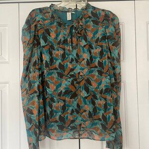 Joie Tie Front Flower Print Peasant Blouse Teal Brown Size Large
